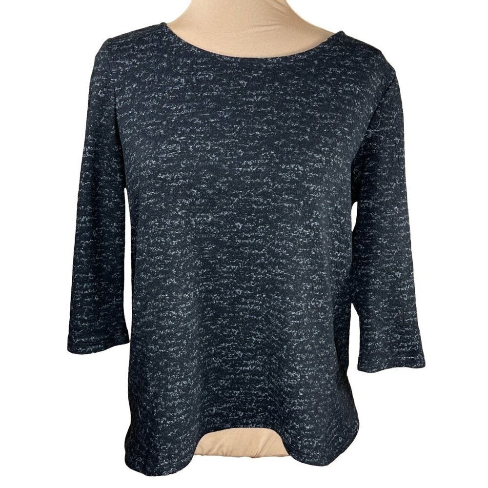 W5 Marled Black White 3/4 Sleeve Pullover Sweater Back Zip Sz M Medium